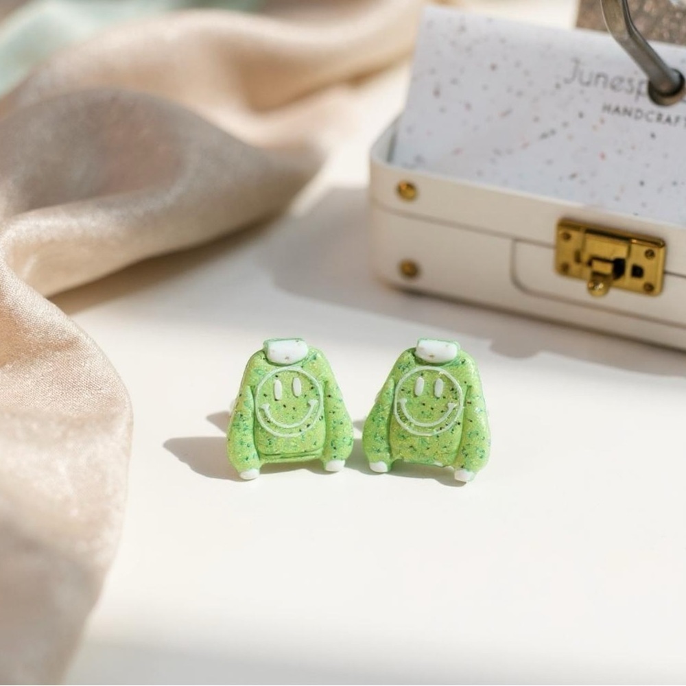 Green Smiley Face Sweater Earrings